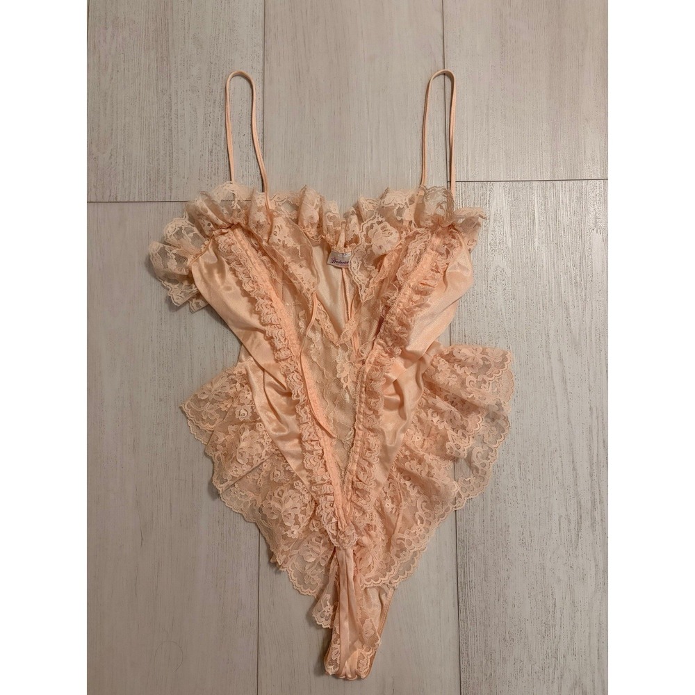 Vintage Fredericks Of‎ Hollywood Nylon Satin Teddy Sz L - Peach Color